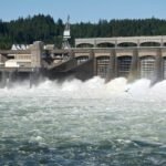 Water flows through the spillway at the Bonneville Dam.