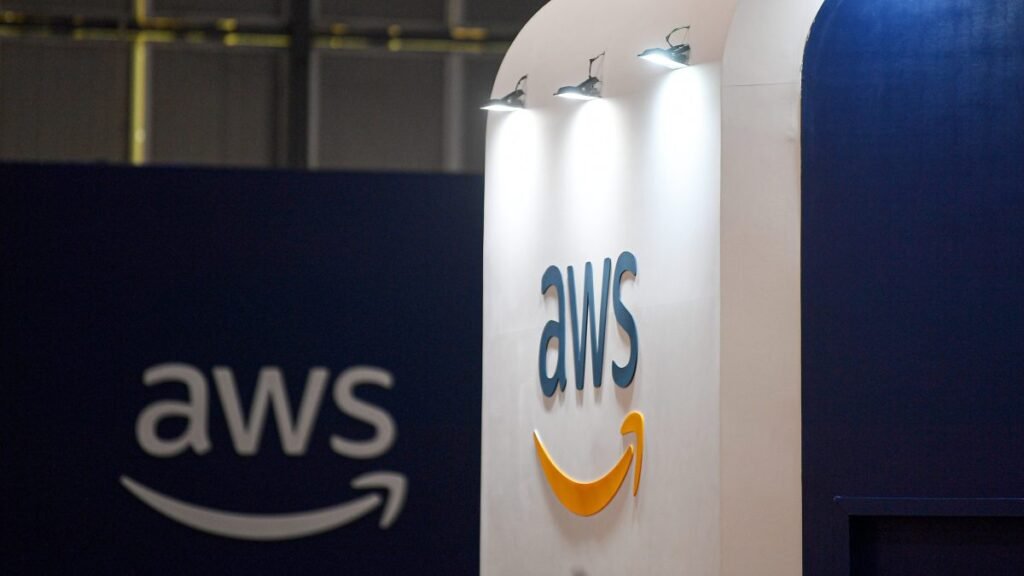 Amazon Web Services branding during day one of Web Summit Rio 2023 at Riocentro in Rio de Janeiro, Brazil.