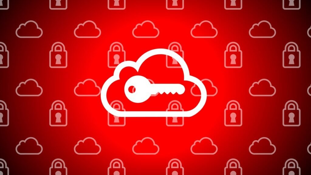 illustration of key over cloud icon, background of cloud and lock icons