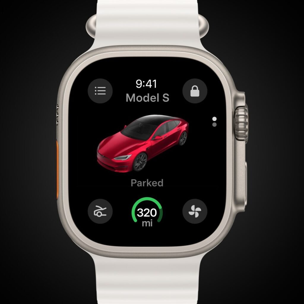 Rendering of Tesla's new Apple Watch app.
