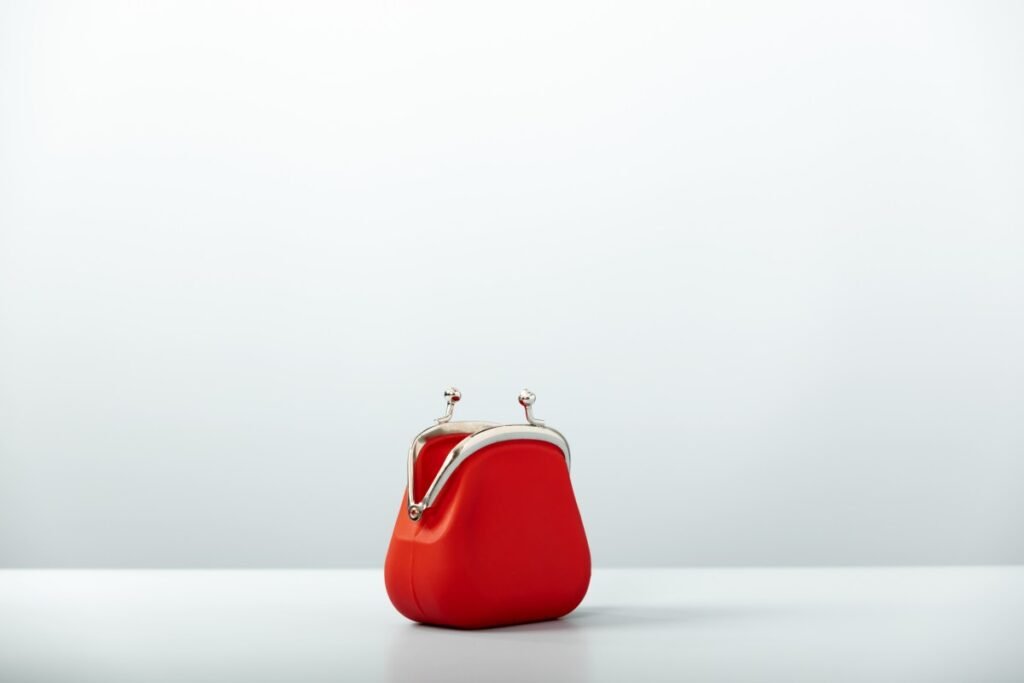 An open red coin purse pictured against a white background