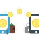 Illustration of two people with mobile phones sending coins to each other.