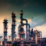 A steaming, glowing mass of smoke stacks and distillation towers connected by conduit and pipe racks towers in the early morning light in front of the Port of Los Angeles.