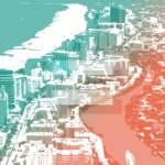 An illustration of Miami showing the beach in a green and orange motif
