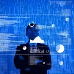 Man standing in front of big blue screen with charts and data spread out before him.