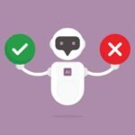 Robot holds a green check mark and red x on a purple background.
