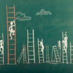 Image of stick figures climbing ladders to represent career moves.