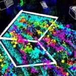 an illustration of data spilling out of a laptop screen surrounded by patterns of laptops and other devices on a darkened background