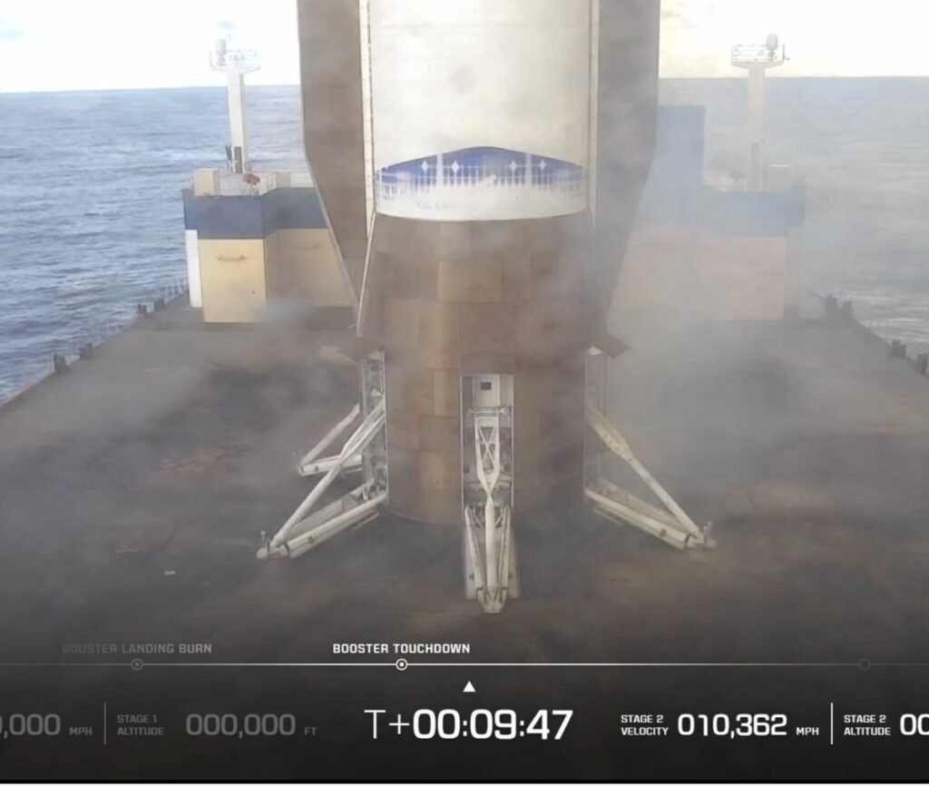 Blue Origin's New Glenn booster on the company's landing platform in the ocean