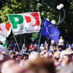 The flag of the Partito Democratico (Democratic Party), the major center-left party in Italy.