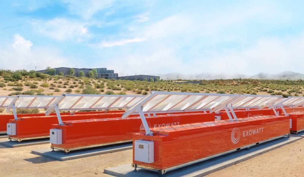 Exowatt's orange P3 units sit on sandy ground near a data center.