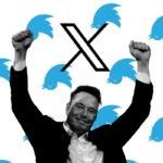 Elon Musk celebrating with the new X logo and a background of Twitter bird logo upside-down