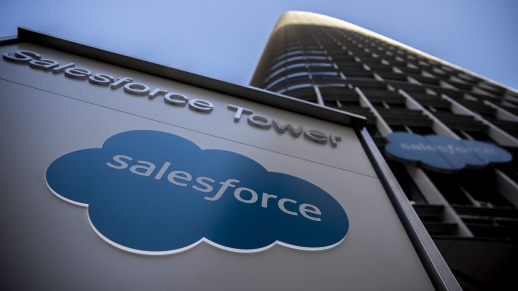 The Salesforce logo is seen at Salesforce Tower on December 1, 2020 in San Francisco, California.