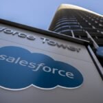 The Salesforce logo is seen at Salesforce Tower on December 1, 2020 in San Francisco, California.