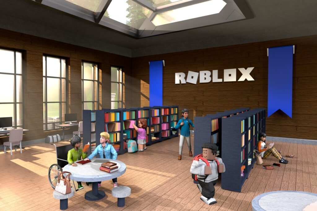 Roblox avatars in a library room in front of the company logo.