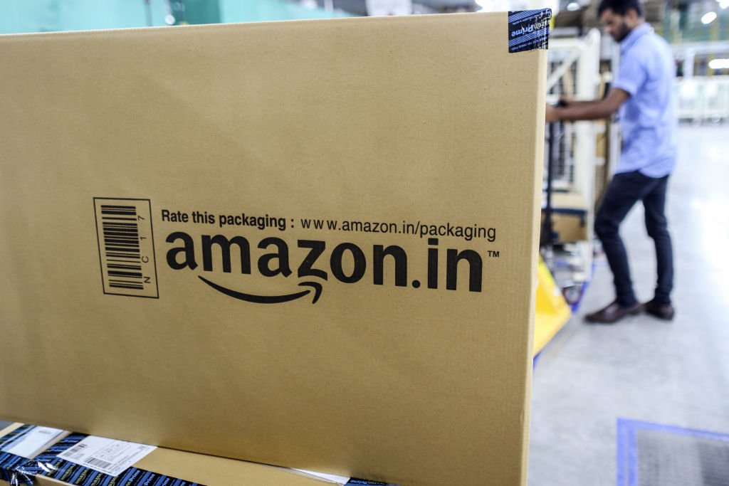 A package sits ready for shipment at the Amazon.com Inc. fulfillment center in Hyderabad, India