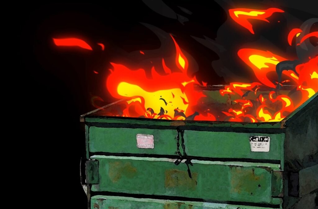 Dumpster Fire Cartoon Look on Black features a dumpster with hand-drawn cartoon fire coming out the top with a black background.