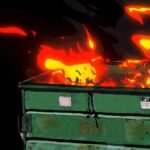Dumpster Fire Cartoon Look on Black features a dumpster with hand-drawn cartoon fire coming out the top with a black background.