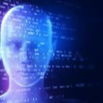 Holographic human type AI robot and programming data on a black background.