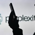 An image of a woman holding a cell phone in front of a Perplexity AI logo displayed on a computer screen.