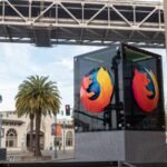Mozilla Firefox logo outside of San Francisco location with palm tree in backgroundMozilla Firefox logo outside of San Francisco location with palm tree in background