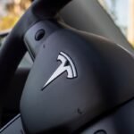 Tesla logo on steering wheel