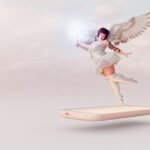 Overweight fairy with tattoos holding glowing wand to grant wish emerges from smart phone screen