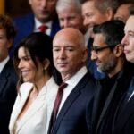 Mark Zuckerberg, chief executive officer of Meta Platforms Inc., from left, Lauren Sanchez, Jeff Bezos, founder of Amazon.com Inc., Sundar Pichai, chief executive officer of Alphabet Inc., and Elon Musk, chief executive officer of Tesla Inc., during the 60th presidential inauguration in the rotunda of the US Capitol in Washington, DC, US, on Monday, Jan. 20, 2025. Donald Trump's Monday swearing-in marks just the second time in US history that a president lost the office and managed to return to power - a comeback cementing his place within the Republican Party as an enduring, transformational figure rather than a one-term aberration.