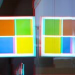 a moshed/glitchy version of a Windows logo on a Microsoft Store front