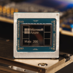 A close up on a microprocessor, labeled as "Microsoft Maia 200"
