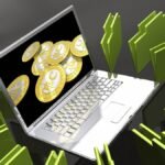 Laptop with bitcoins and files, illustration.