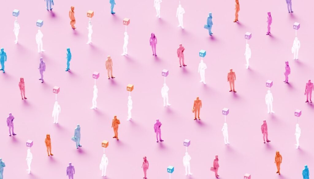 3D rendered conceptual illustration of numerous business figures evenly scattered across a soft pink background: solid colored human workers standing alongside identical translucent ghost-like figures, each translucent worker marked by a glowing “AI” symbol hovering above – powerful visualization of artificial intelligence replacing human workforce, solid employees mixed with their AI-replaced counterparts, automation displacing jobs, digital transformation eliminating roles, technological unemployment, workforce disruption, future of work with AI substitution, and the new era where real human workers are gradually replaced by artificial intelligence.
