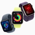 An image of three Apple Watch SE 3 models side by side showcasing different features: heart rate, sleep score, and fitness rings