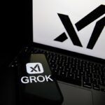 The Grok logo appears on a phone and the xAI logo is displayed on a laptop.