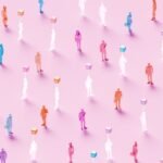 3D rendered conceptual illustration of numerous business figures evenly scattered across a soft pink background: solid colored human workers standing alongside identical translucent ghost-like figures, each translucent worker marked by a glowing “AI” symbol hovering above – powerful visualization of artificial intelligence replacing human workforce, solid employees mixed with their AI-replaced counterparts, automation displacing jobs, digital transformation eliminating roles, technological unemployment, workforce disruption, future of work with AI substitution, and the new era where real human workers are gradually replaced by artificial intelligence.