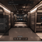 Space ship environment created in Marble with text prompt overlayed. Note how the lights are realistically reflected in the hub's walls.