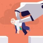 vector illustration of robot hand carrying senior man over cliff