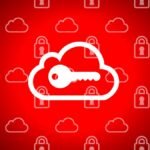 An illustration of a key over a cloud icon, background of cloud and lock icons.