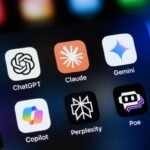 Popular AI virtual assistant apps on an Apple iPhone: ChatGPT, Claude, Gemini, Copilot, Perplexity, and Poe.