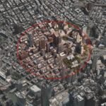 A red circle radius over New York City, representing a geofence warrant.