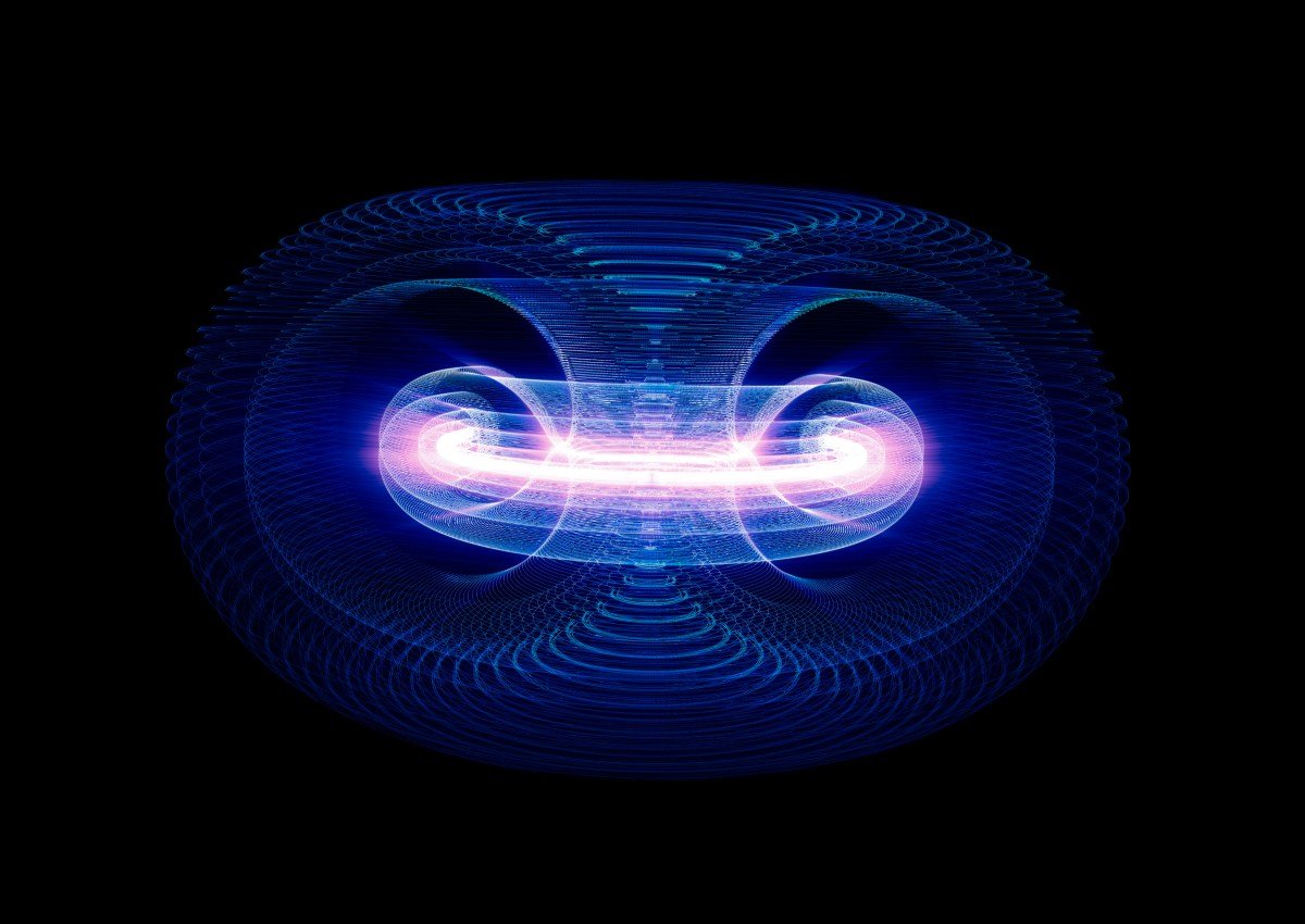 Illustration of plasma particles inside a tokamak fusion reactor.