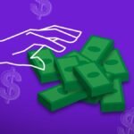 a white outlined hand grabbing piles of illustrated cash on a purple background with dollar signs
