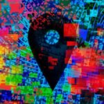 A multi-colored illustration location data scattered over a cityscape