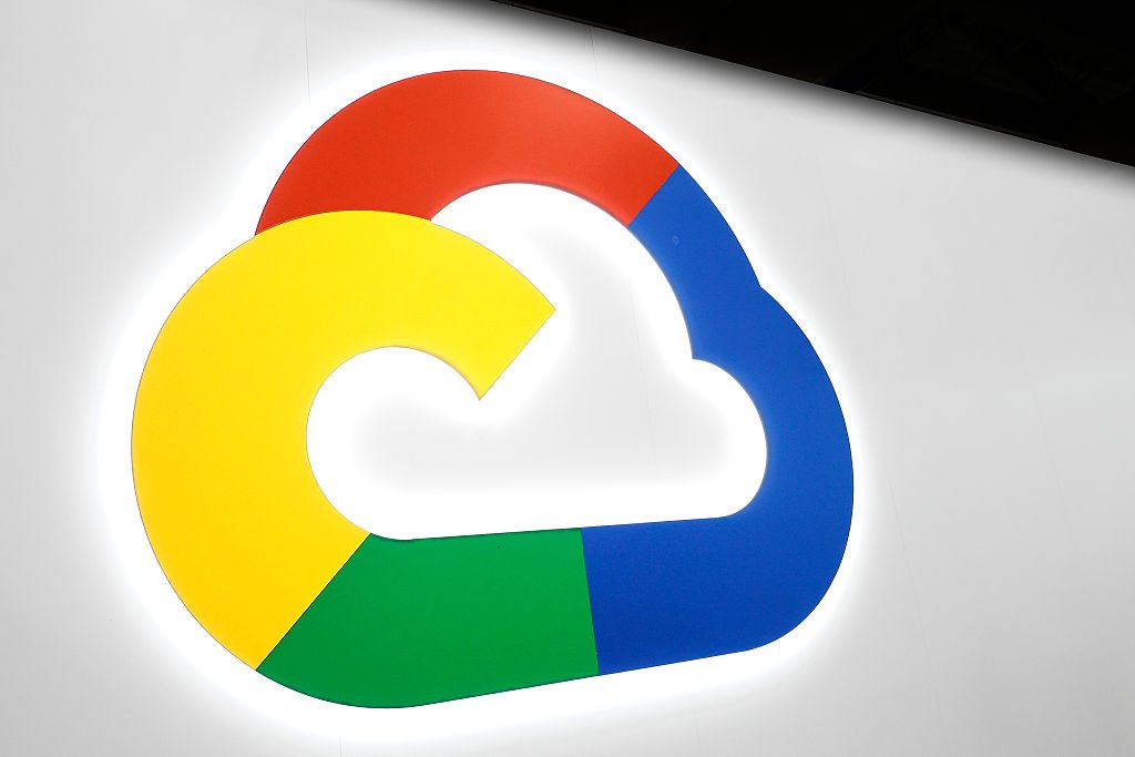 The Google Cloud logo is illuminated on a large-scale Gobo-projection and back-lit OLED signage at the entrance of the Google Cloud Zone in Hall 2 during the Mobile World Congress in Barcelona, Spain.