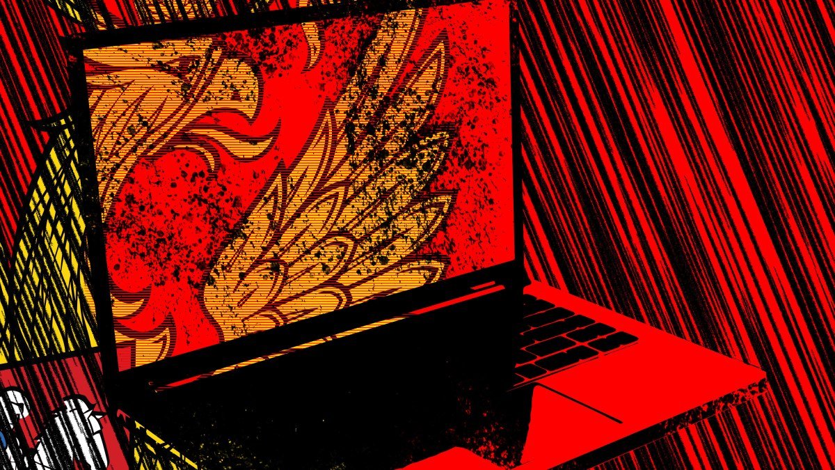 A graphic depiction of open laptop overlaying Red Square in Moscow and the logo of Russia's foreign intelligence service SVR.