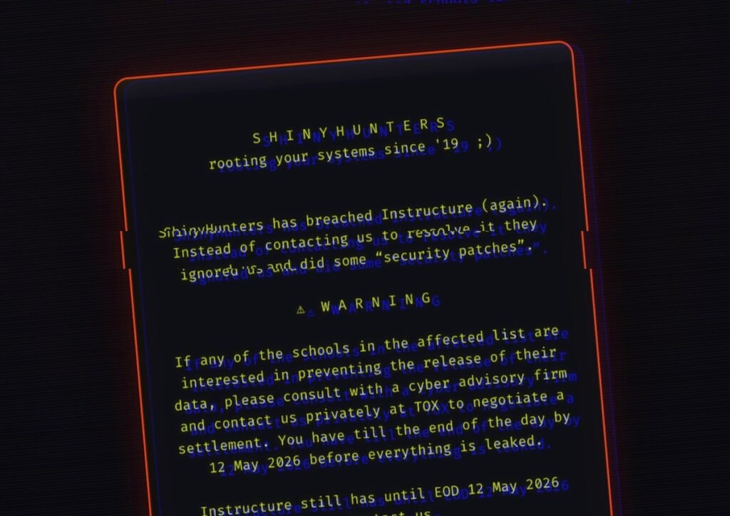 A redacted screenshot of the message ShinyHunters left on the hacked login pages of Instructure's platform Canvas.