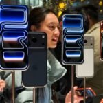 Customers try out iPhone 17 Pro smartphones inside the Apple Store at Sanlitun Taikoo Li on November 8, 2025, in Beijing, China.