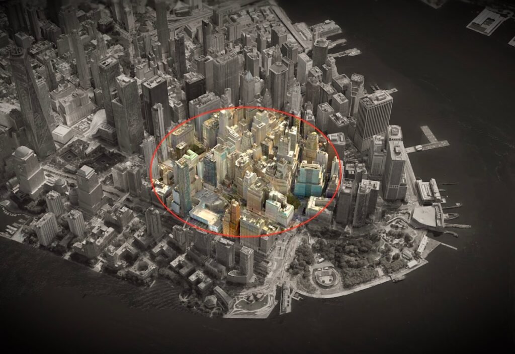 a 3D aerial photo of lower Manhattan, darkened, showing a ring over a radius across the city, showing a geofence warrant.