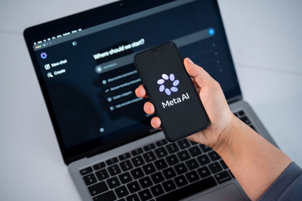 The Meta AI logo is seen on a smartphone screen, and a chatbot website is displayed on a computer screen.