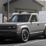 Slate Auto's Blank Slate truck charging at a Tesla Supercharger